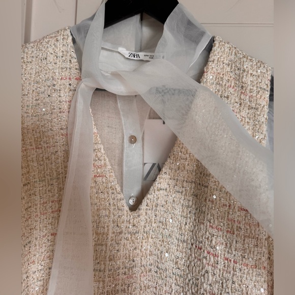 BNWT Zara Sequins Tweed Fringes Vest Sheer Organza Neck tie women’s blouse top M - Picture 3 of 10